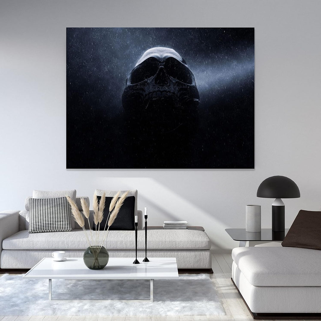 wandmotiv24 Totenkopf Wandbild aus Acrylglas, Grösse 60x45cm, Querformat, Schwarzer Schädel im Regen