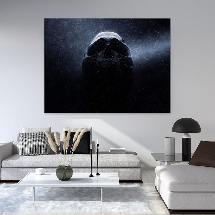 wandmotiv24 Totenkopf Wandbild aus Acrylglas, Grösse 60x45cm, Querformat, Schwarzer Schädel im Regen
