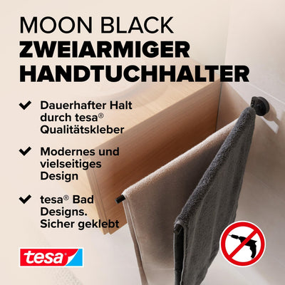 tesa MOON BLACK Handtuchhalter 2-armig, matt schwarz, für Bad & WC - für Bäder im Industrial Style u