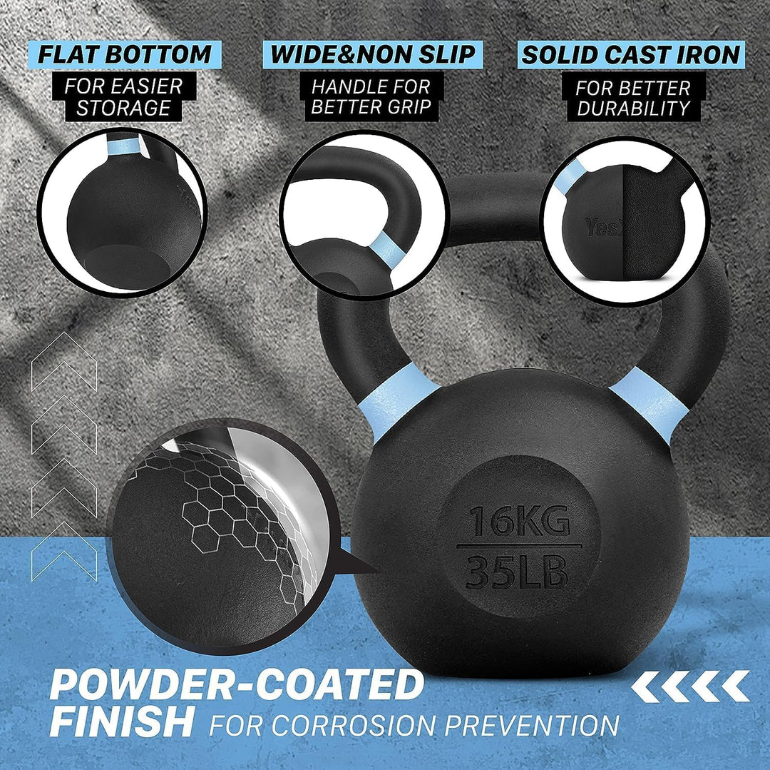 Yes4All Kettlebells pulverbeschichtet - 4, 6, 8, 10, 12, 14, 16, 20, 24, 32, 40kg G – Hellblau – 16