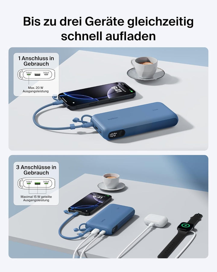 Belkin BoostCharge 20000mAh Power Bank, Digitale Akkuanzeige – Blau | 20K Powerbank, 2 USB-C, 1 USB-
