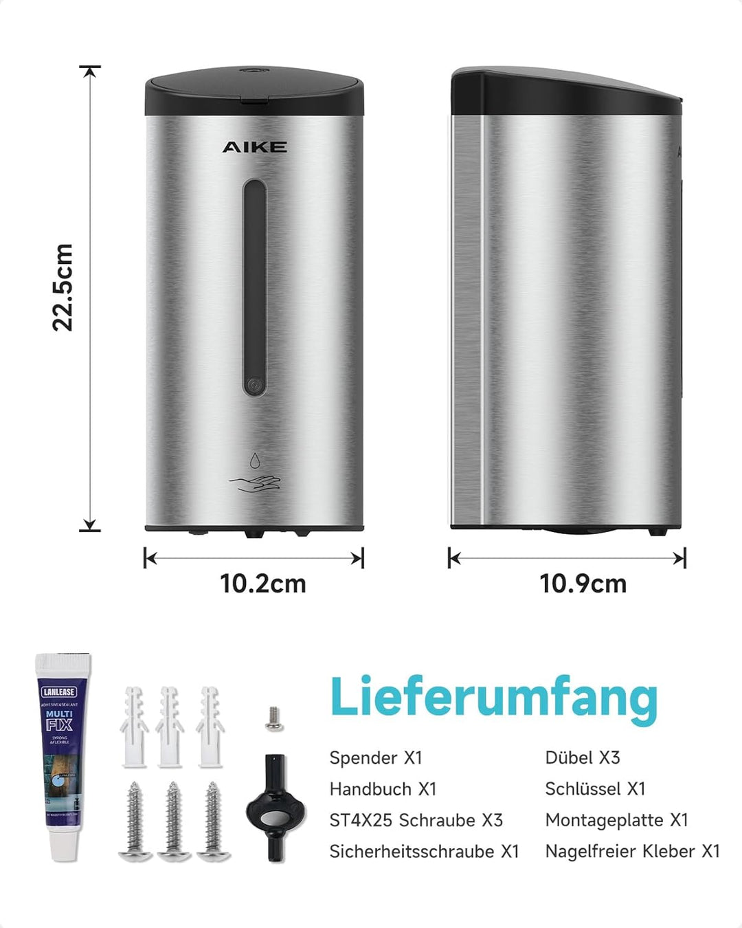 AIKE AK1205 Seifenspender Automatisch Wandbefestigung, 800ml Kommerzieller Automatischer Flüssigseif