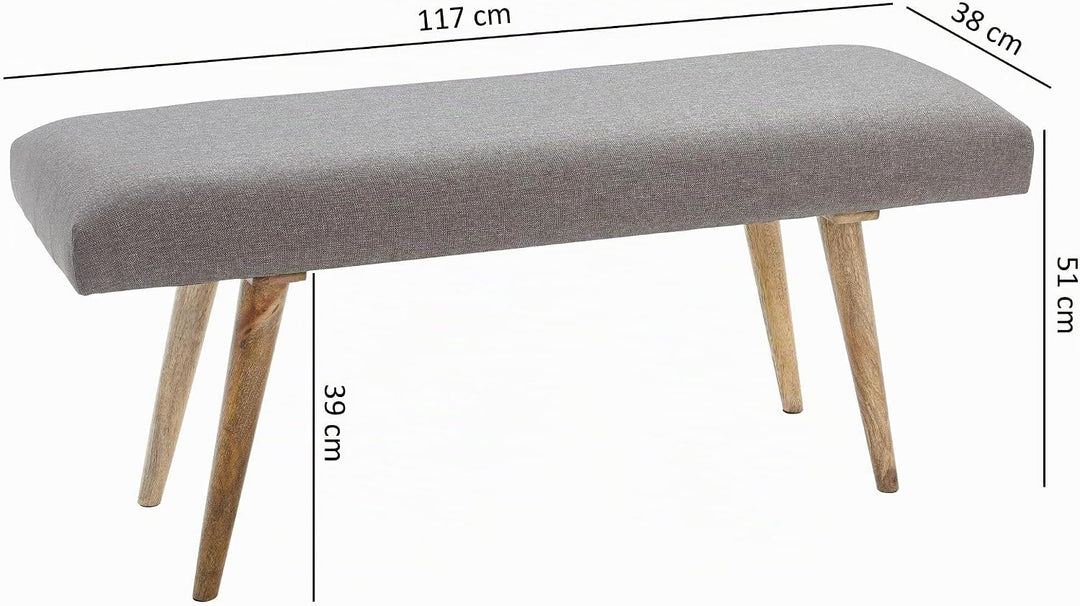 FineBuy Sitzbank Stoff/Massivholz Bank grau 117x51x38 cm im Retro Stil, 2er Polsterbank Flur, Gepols
