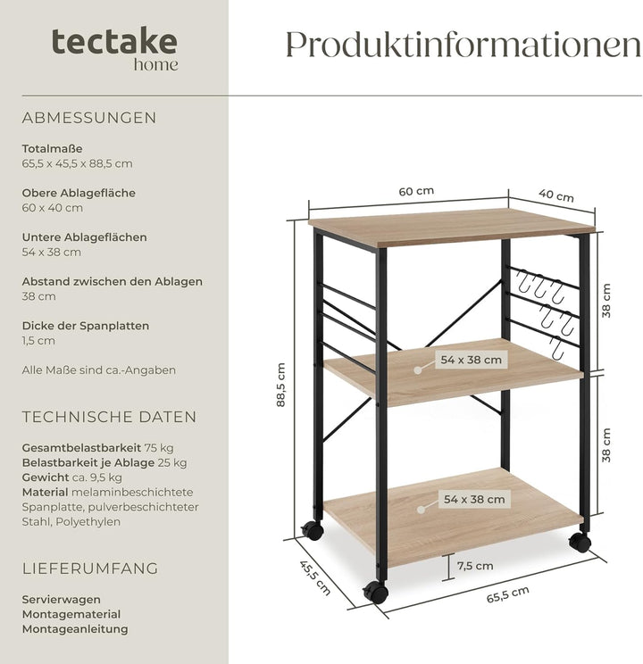 tectake® Industrial Servierwagen mit Rollen, Kücheninsel Küchenregal 3 Ablagen, Küchenschrank, Gewür