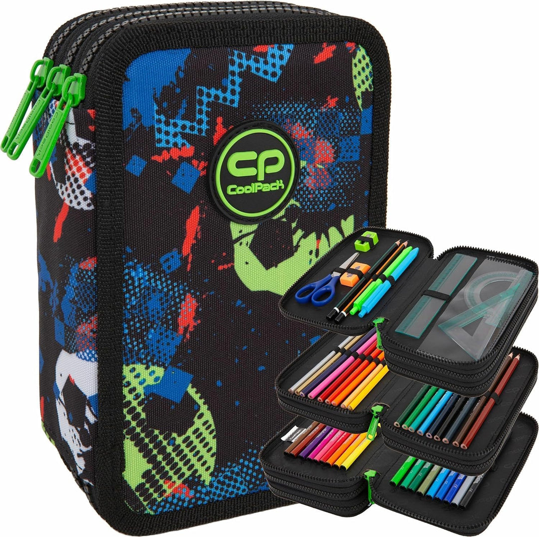 COOLPACK Jumper 3 Football XXL Pencil Case 44 Pieces with Patch Filled Student Case 3-Tier