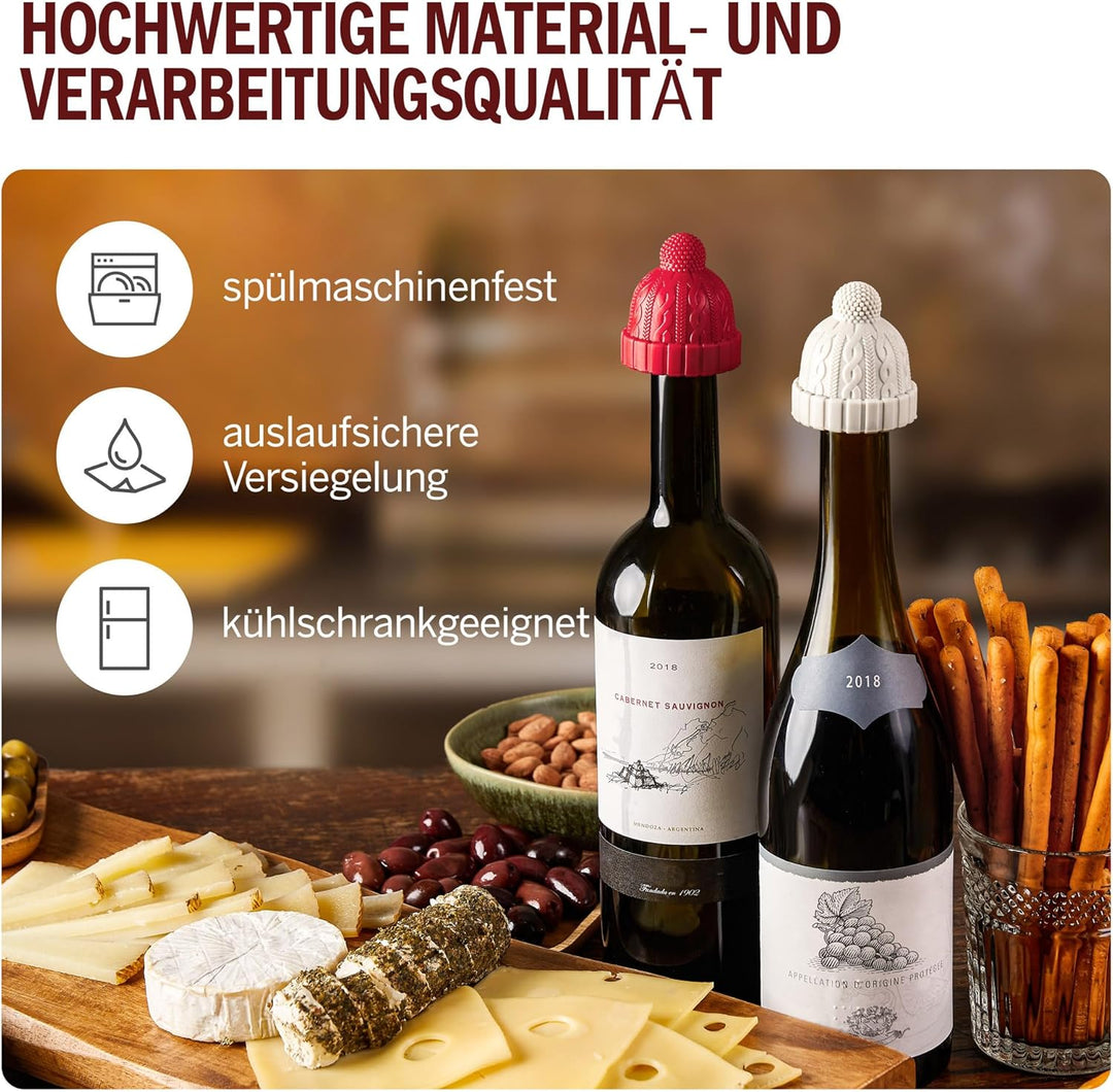 Monkey Business Set aus 2 Weinstopfen für Weinflaschen, Skurriles Weinzubehör, Strickmützen-förmige