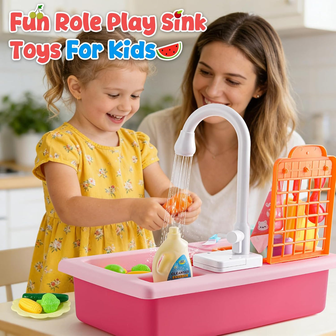 Mini Tudou Kinderwaschbecken Spielzeug,Spielspüle Spielzeug mit Automatischem Wasserzyklus-System, E