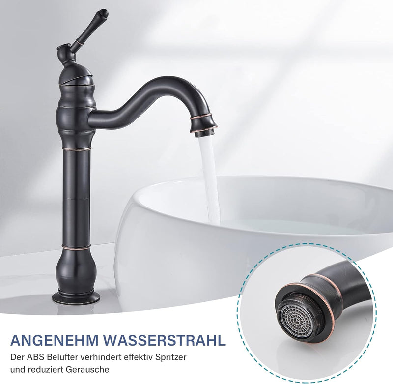 Rozin Wasserhahn Bad Schwarz Retro Hoch Waschtischarmatur 360°Schwenkbar Einhebel Waschbecken Armatu