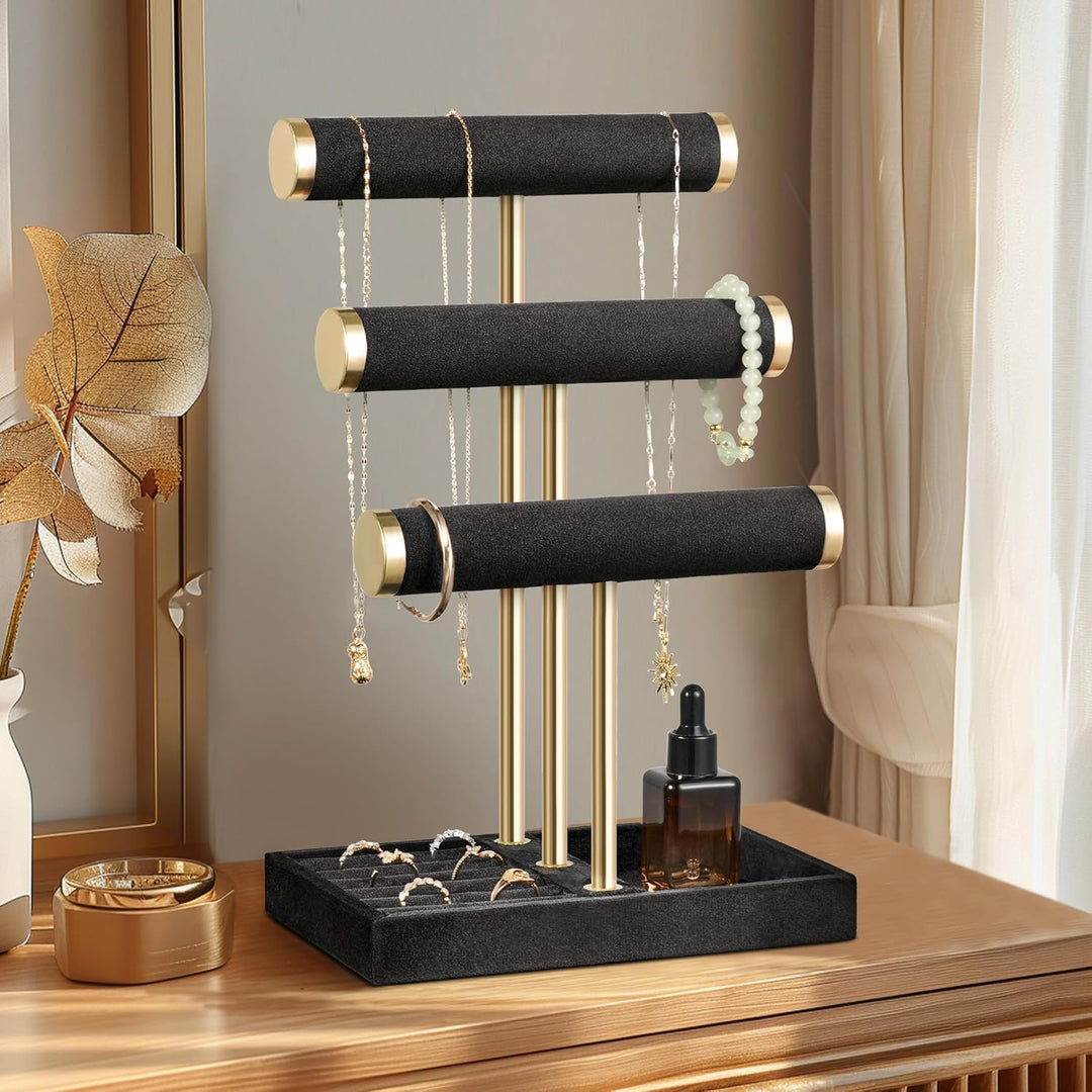Schmuck Organizer mit 3 Ebenen - Schwarz Schmuckständer Armbänder, Abnehmbarer T-Steg Schmuck Stände