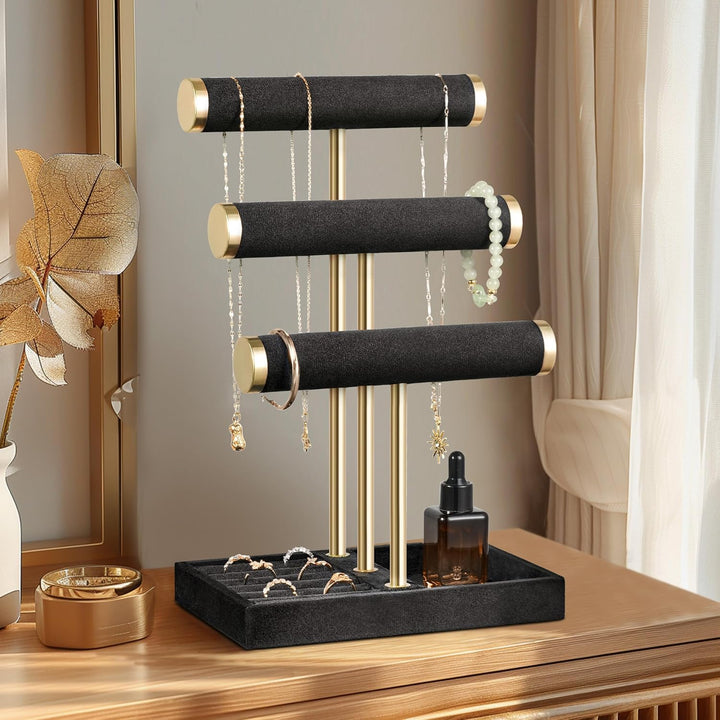 Schmuck Organizer mit 3 Ebenen - Schwarz Schmuckständer Armbänder, Abnehmbarer T-Steg Schmuck Stände