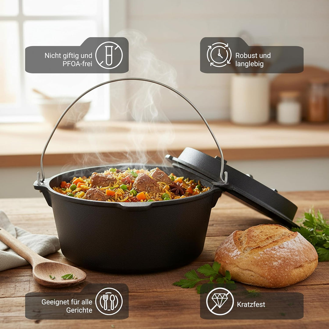 BIOL Dutch Oven 6 Liter aus Gusseisen – Eingebrannter Feuertopf mit Deckelheber und Doppelfunktions-