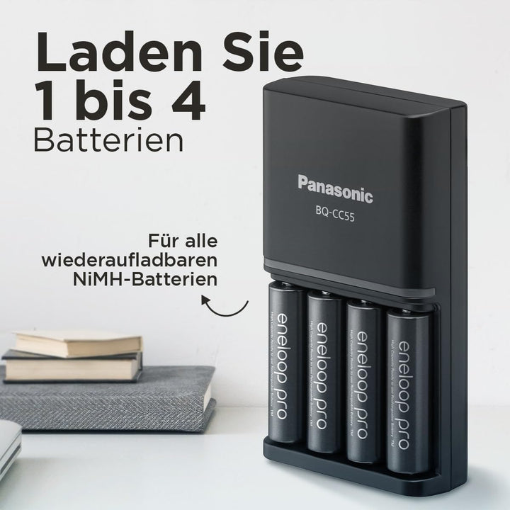Panasonic eneloop SmartPlus Ladegerät für 1–4 AA/AAA NI-MH-Akkus, mit 4 LED-Anzeigen und 10 Sicherhe
