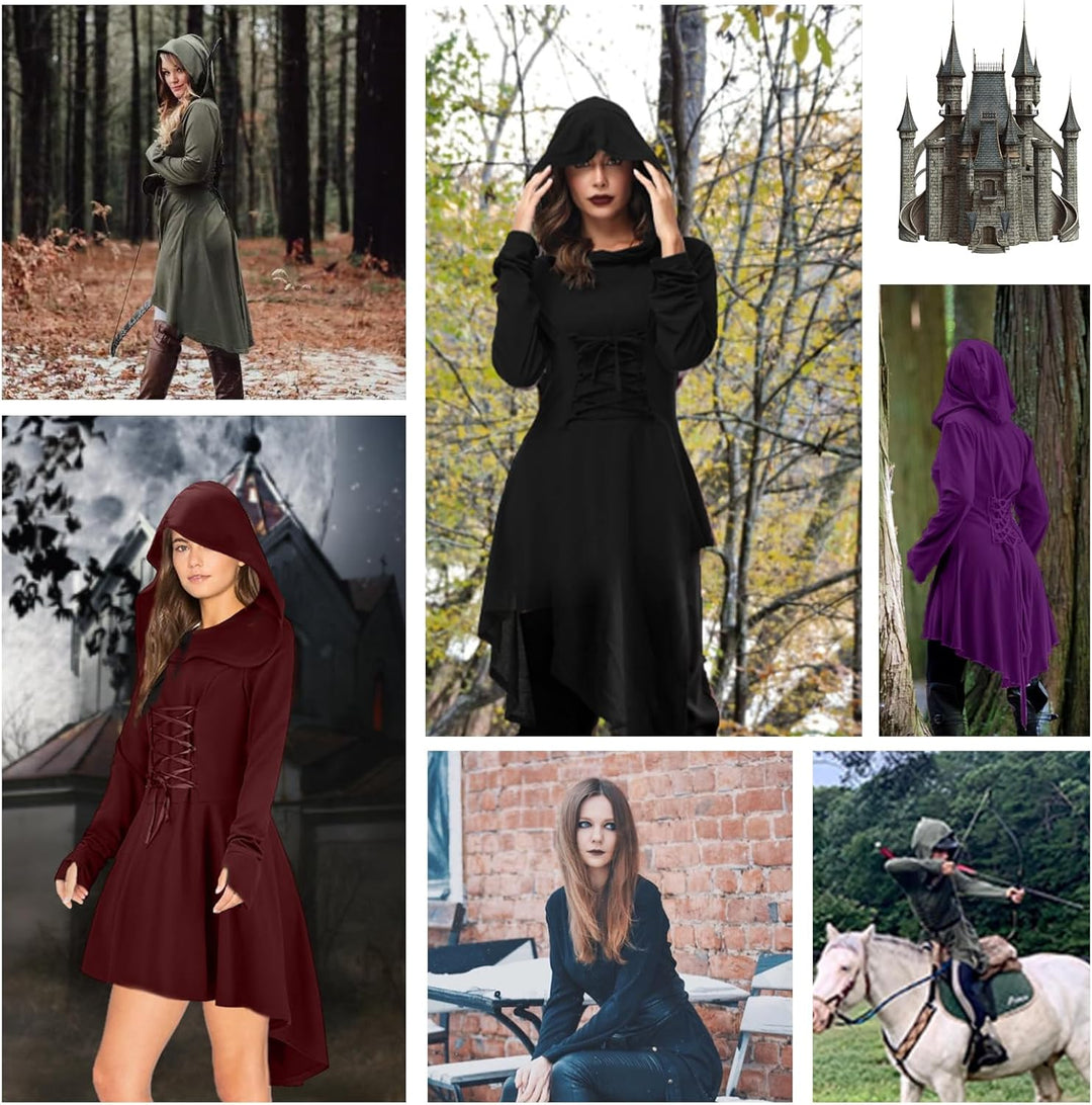 Pianocean Mittelalter Kleidung Damen, Renaissance Kleid, Gothic Kleid，Renaissance Mit Kapuze Langarm