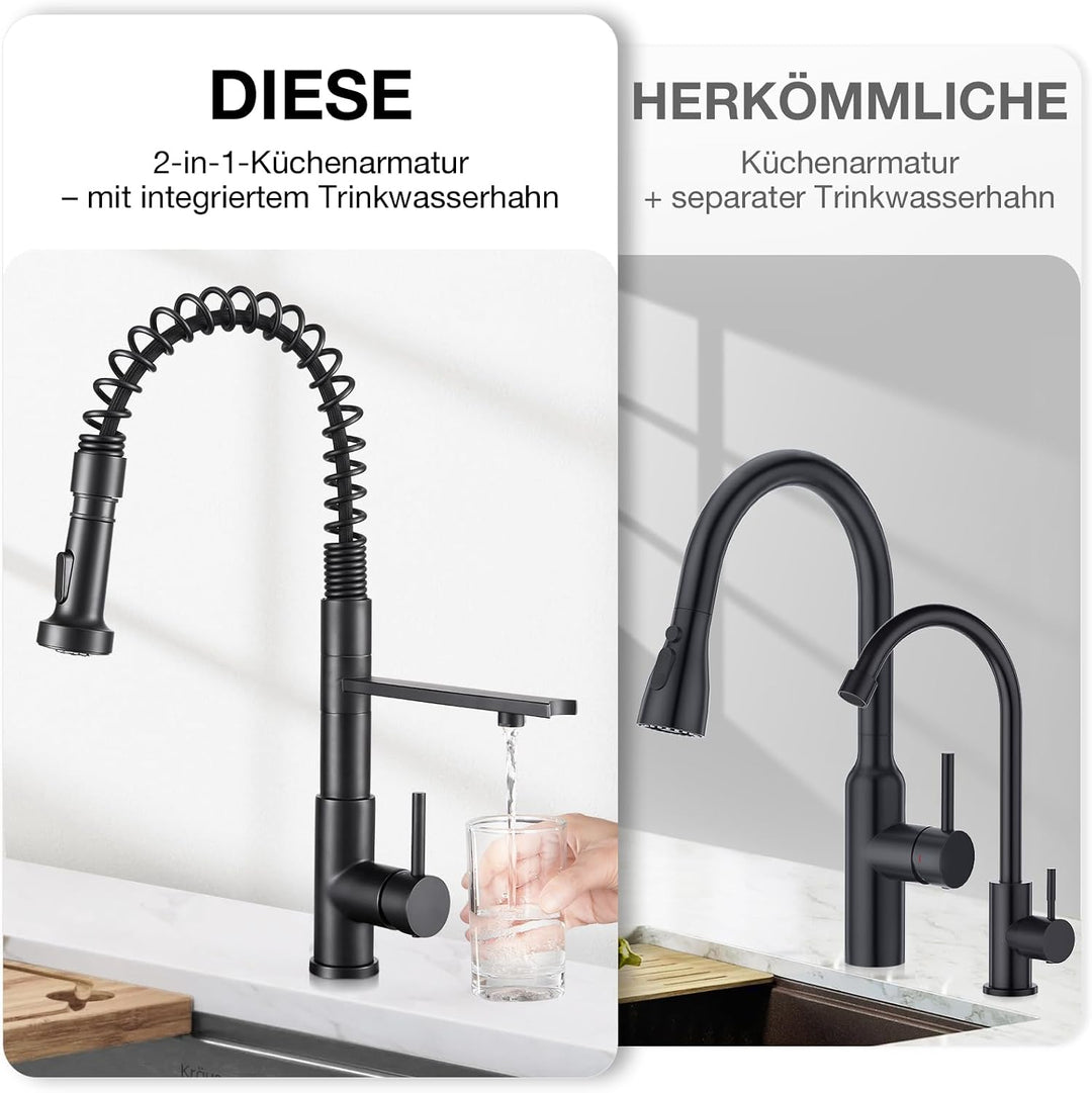 CREA 3 Wege Spiralfeder Küchenarmatur, Trinkwasserhahn Küche mit Brause ausziehbar, Wasserhahn Armat