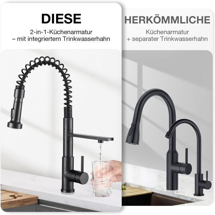 CREA 3 Wege Spiralfeder Küchenarmatur, Trinkwasserhahn Küche mit Brause ausziehbar, Wasserhahn Armat