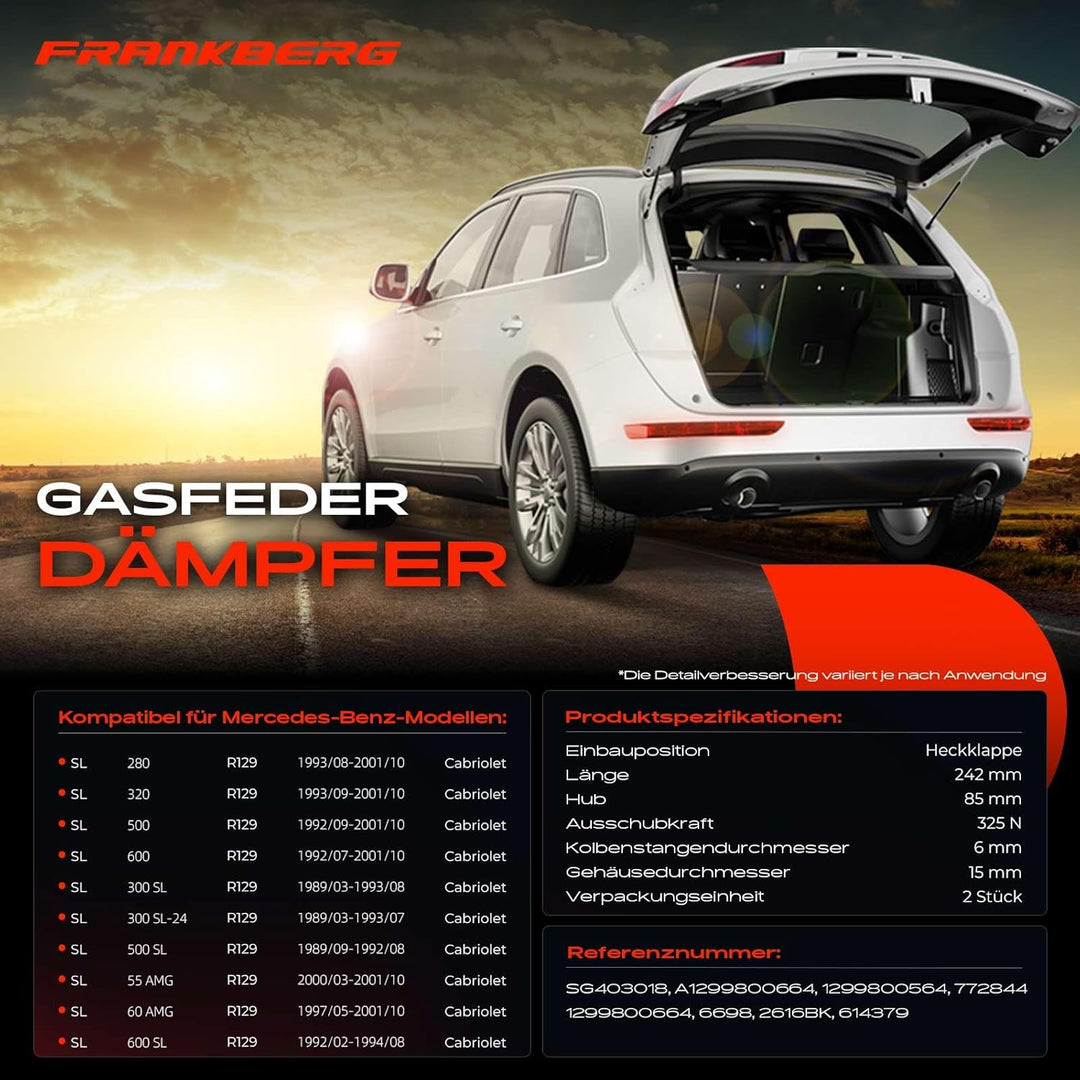 Frankberg 2x Gasfeder Dämpfer Heckklappe Links Rechts Kompatibel mit SL R129 Cabriolet 1989-2001 Rep