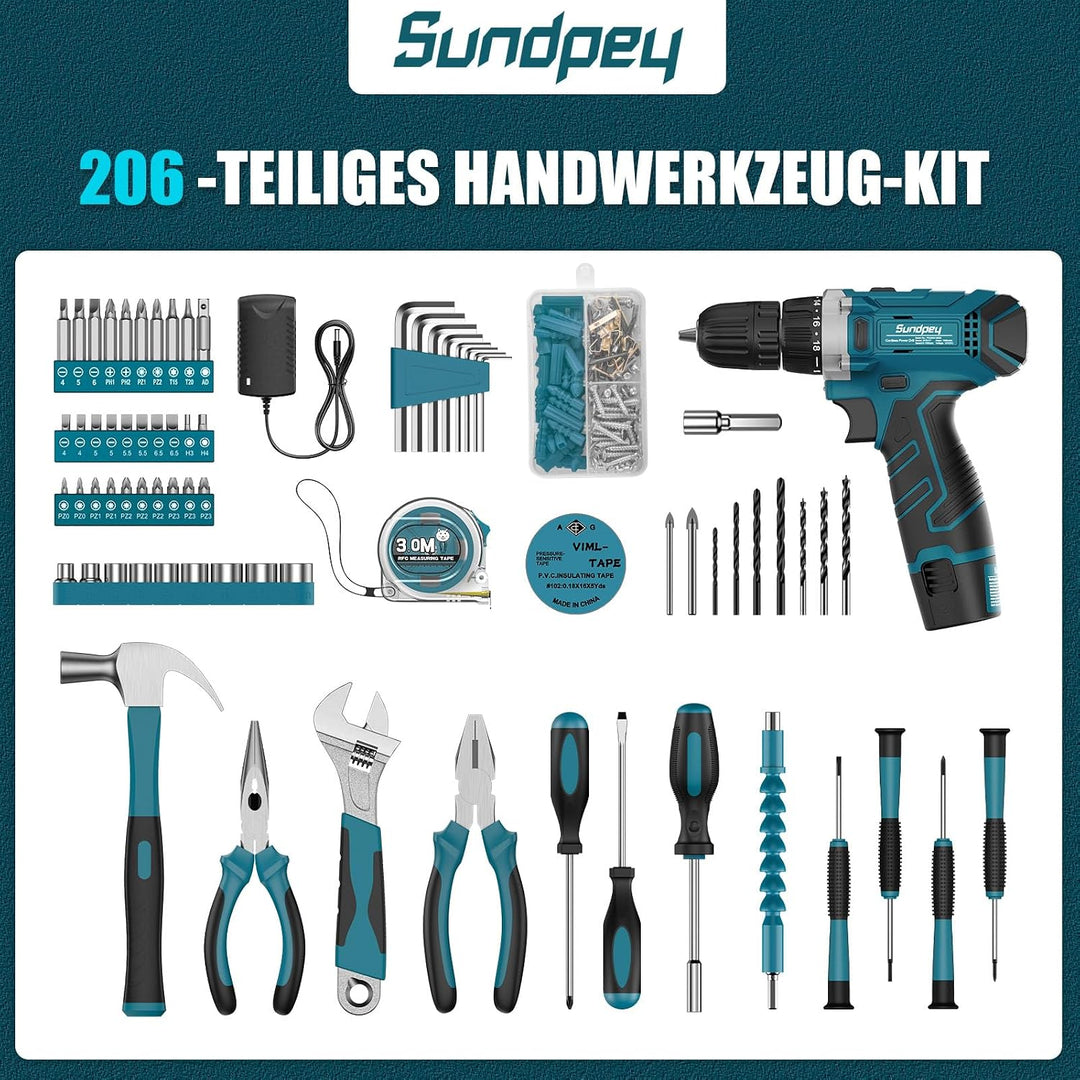 Sundpey Werkzeugkoffer Gefüllt 206tlg, 12V Akkuschrauber zum Anziehen/Lösen von Schrauben, Haushalts