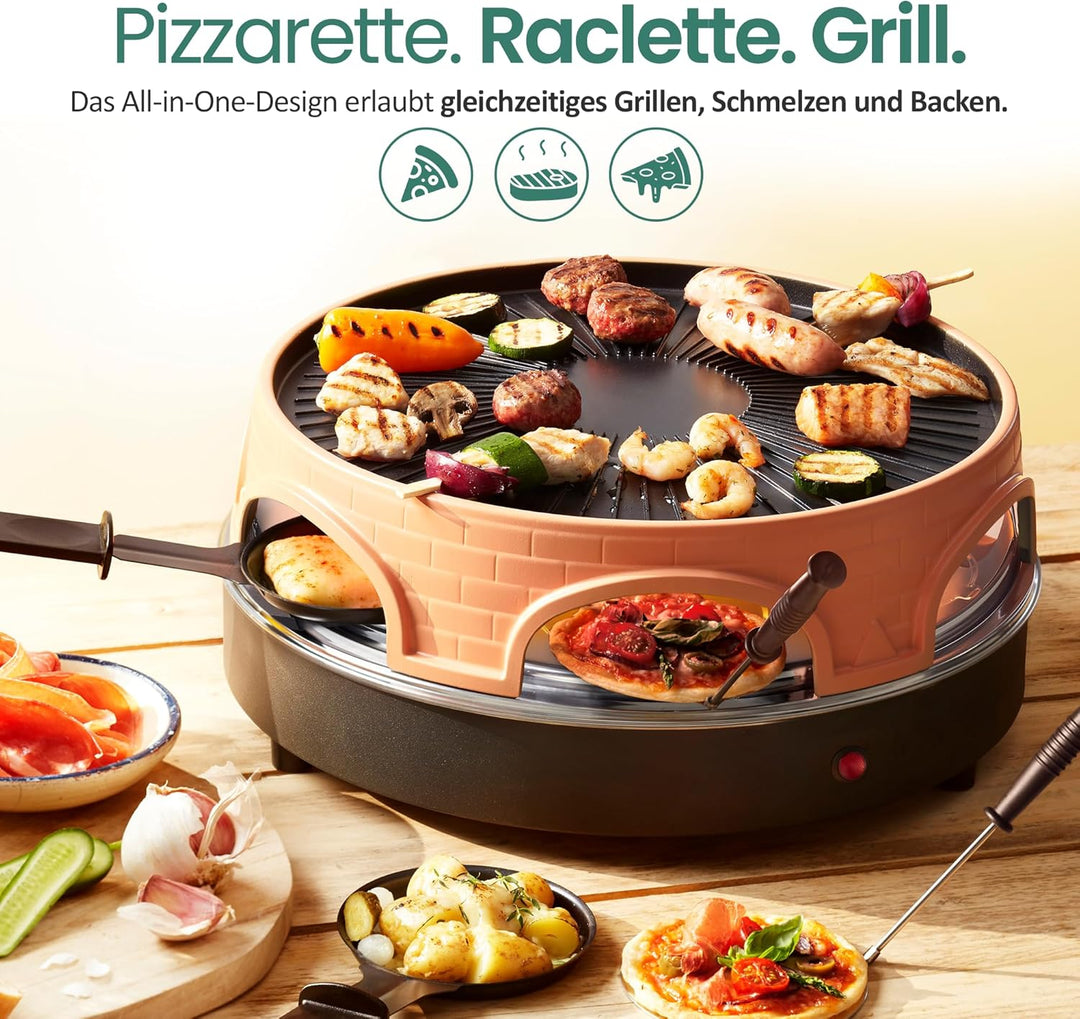 Emerio Pizzaofen, PIZZARETTE das Original, 3 in 1 Pizza-Raclette-Grill, patentiertes Design, für Min