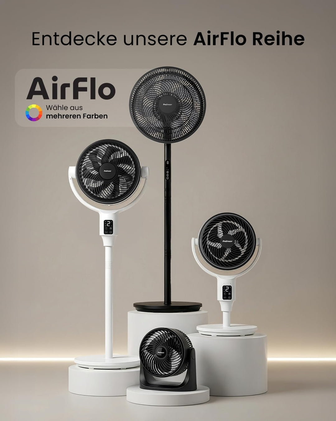 Pro Breeze AirFlo Slim Standventilator – 3-in-1 mit 70, 100 & 130 cm, 9 Stufen bis 5,0 m/s, leise mi