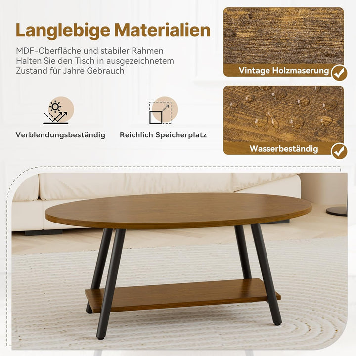 Runde Beistelltisch 2-Tier Couchtisch Tisch mit Stauraum Moderner Massivholztisch Metallrahmen für W