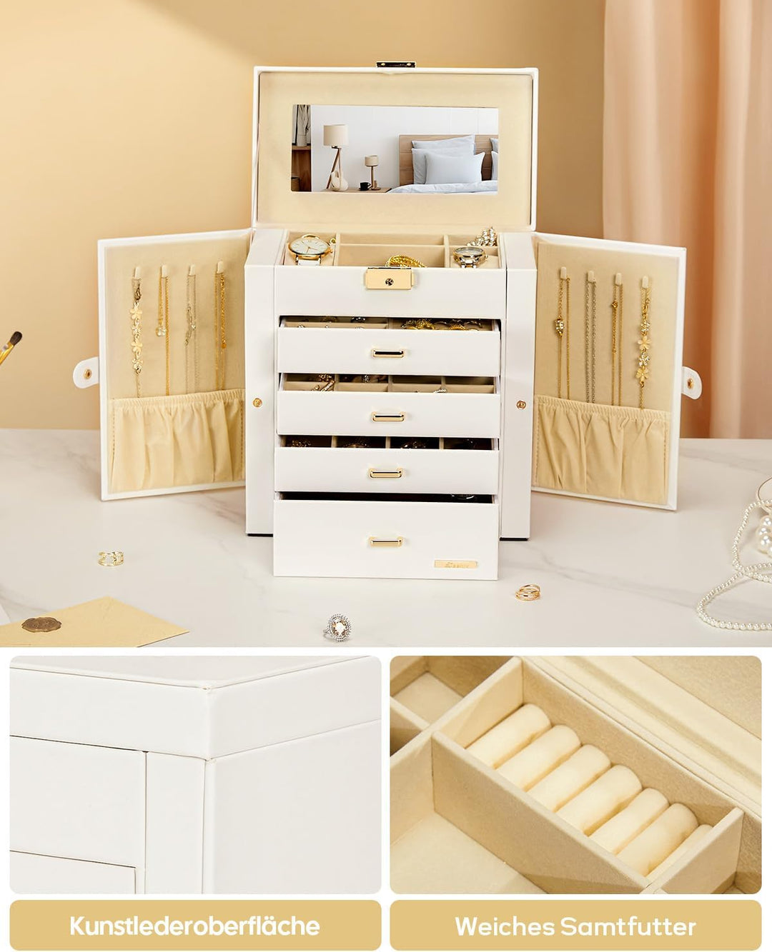 Seelux Schmuckkoffer Schmuckkasten mit fünf Fächern und Seitenklappen Weiss + Gold, Weiss + Gold