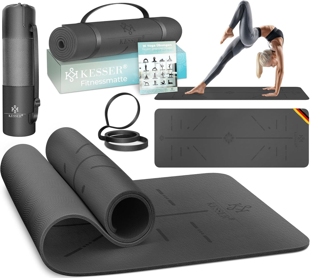 KESSER® Gymnastikmatte mit Tragegurt rutschfest TPE Yogamatte Gepolstert & rutschfest Fitnessmatte,