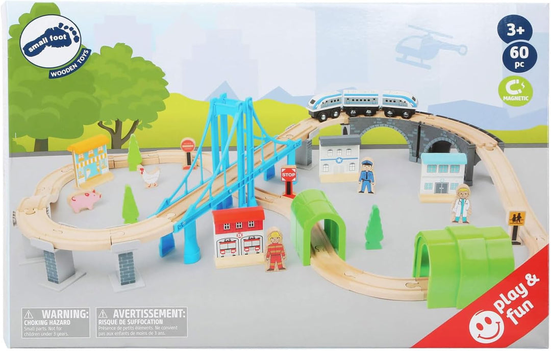 small foot Eisenbahn "Brückenschlag" aus Holz mit Hängebrücke und Tunneln, Spielwelt auf zwei Ebenen