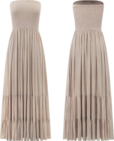 R.Vivimos Sommer Boho Trägerloses Bandeau Shirred Rüschen Tube A Linie Maxikleid S Khaki#2, S Khaki#