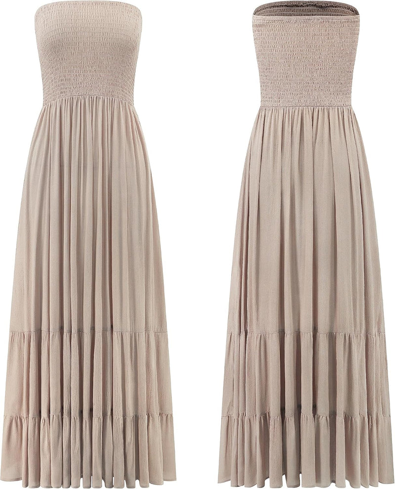 R.Vivimos Sommer Boho Trägerloses Bandeau Shirred Rüschen Tube A Linie Maxikleid S Khaki