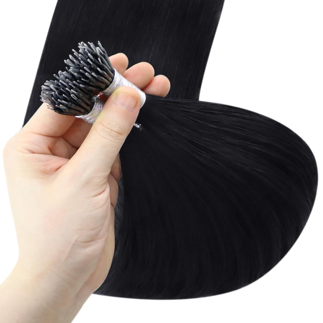 YoungSee Nanoring Extensions Echthaar Schwarz 55cm Nanoring Extensions 1g/s Nano Beads Hair Extensio