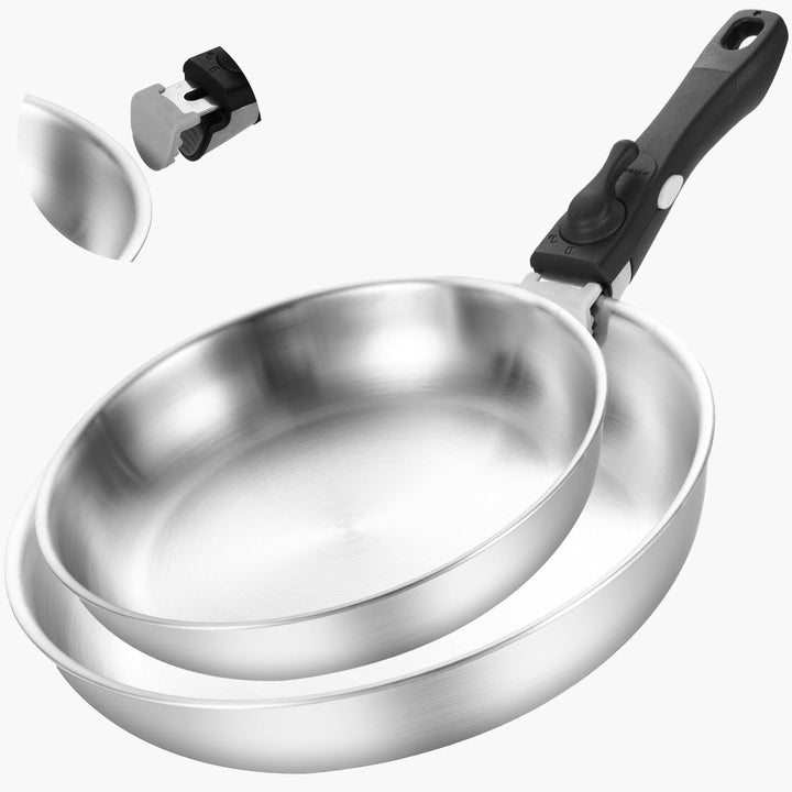 Inqibee Pfannenset, Edelstahl, 22+28 cm, mit abnehmbarem Griff, Induktionsgeeignet, Stapelbar, Backo