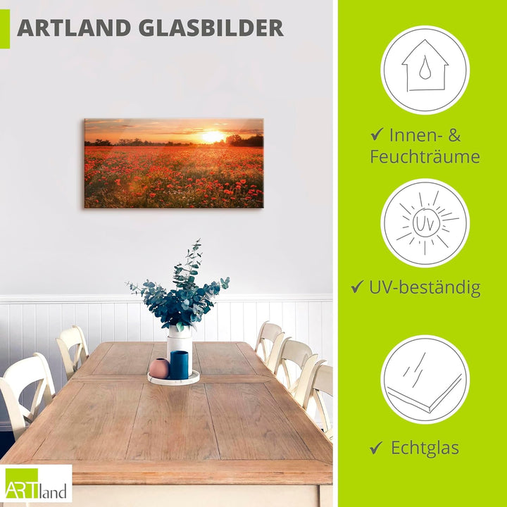 Glasbilder Wandbild Glas Bild einteilig 100x50 cm Querformat Natur Landschaft Blumen Mohnblumen Feld