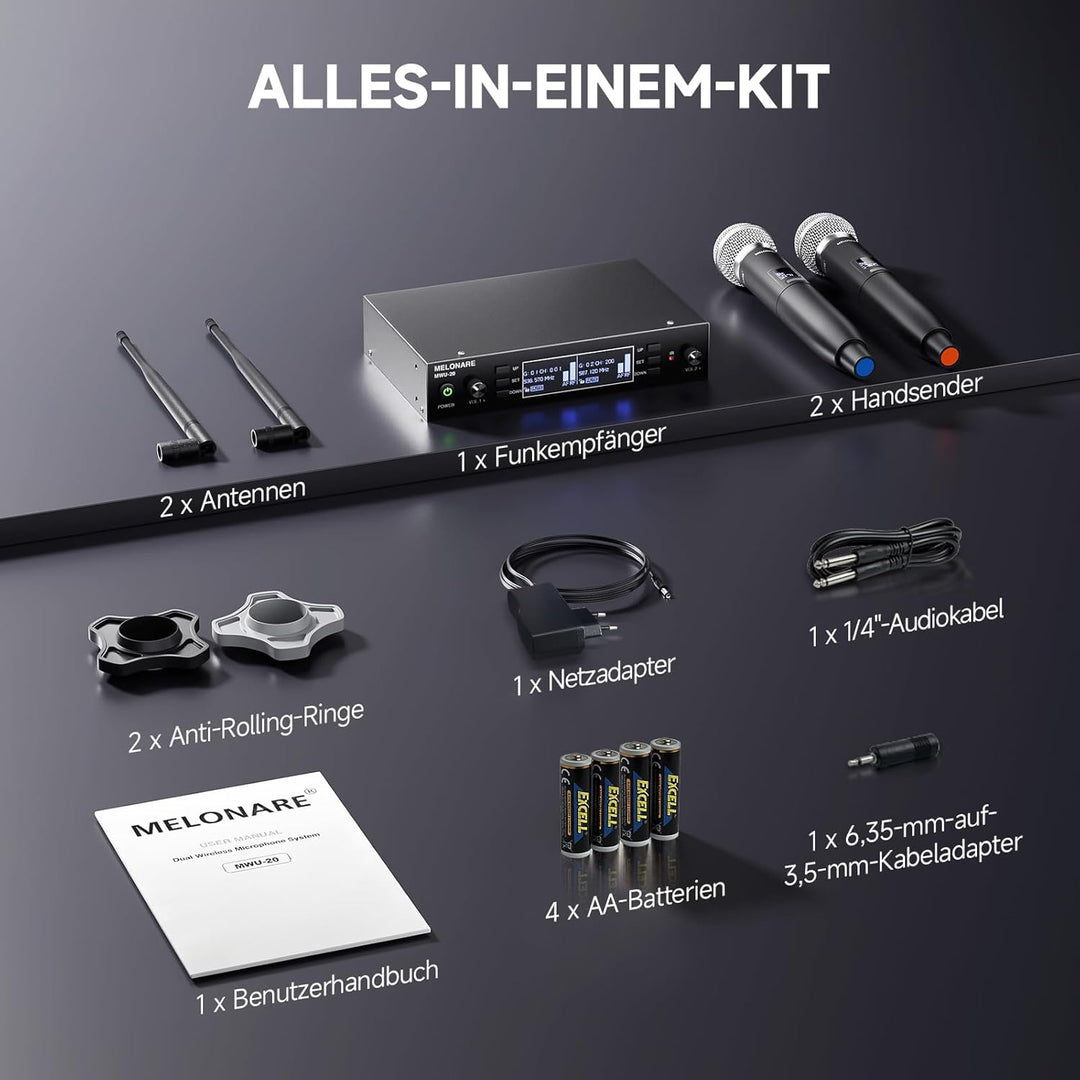 Dual Channel Wireless Microphone System, MELONARE Auto-Scan Professionelles schnurloses dynamisches