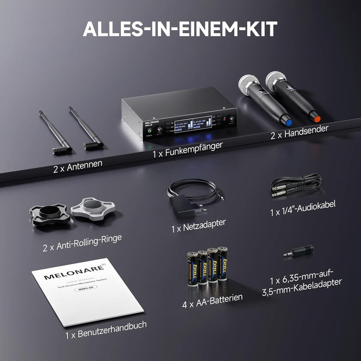 Dual Channel Wireless Microphone System, MELONARE Auto-Scan Professionelles schnurloses dynamisches