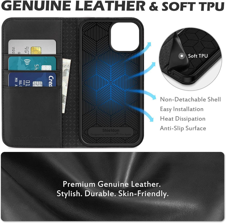 SHIELDON Hülle für iPhone 13 Mini Handyhülle [Erstklassiges Echtleder] [Schützt vor Stoss] [Kartenfa