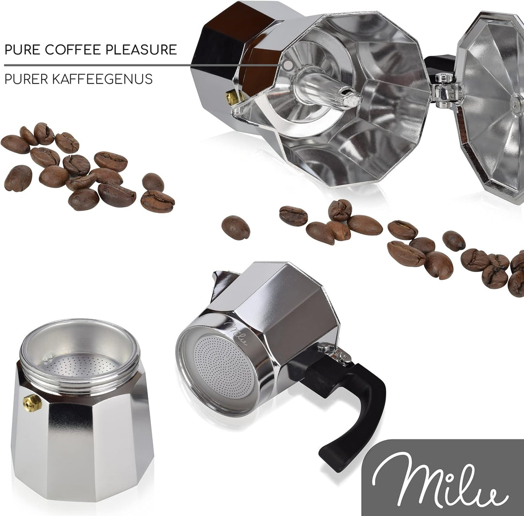 Milu Espressokocher (No Induktion) | 2, 3, 6, 9 Tassen | Aluminium Mokkakanne, Espressokanne, Espres