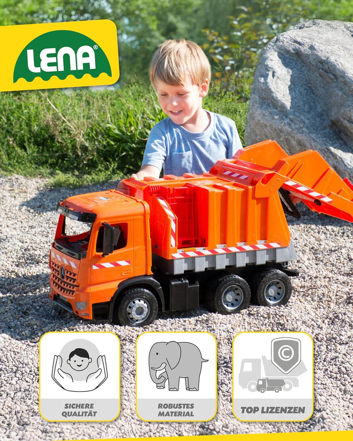 Lena 02168 - Starke Riesen Müllwagen Mercedes Benz Arocs, orange / silber, ca. 74 cm, Müllfahrzeug m