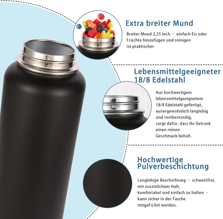 Volhoply 1 Liter Trinkflasche Edelstahl Zwei Packungen,Doppelwandig Vakuum Isolierte Thermosflasche