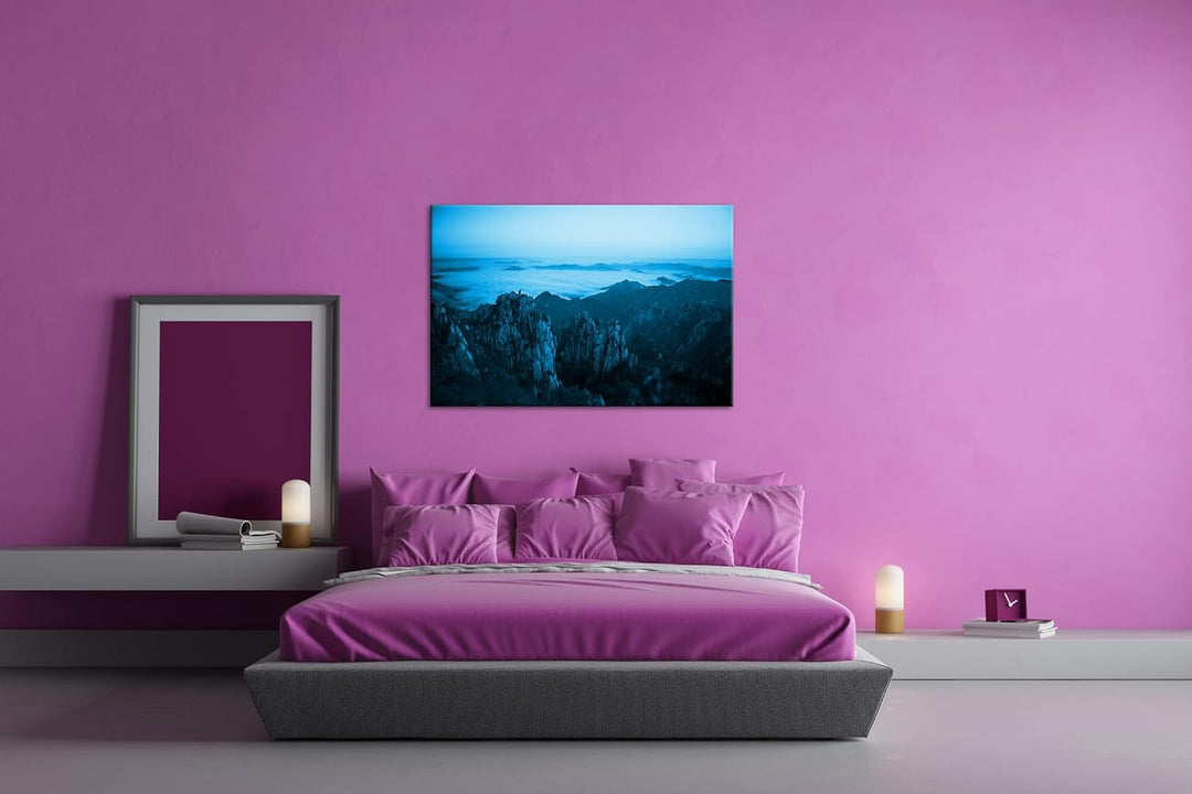 die Gelben Berge in China Format 80x60 Effekt: Monocrome Blau als Leinwandbild, Motiv fertig gerahmt