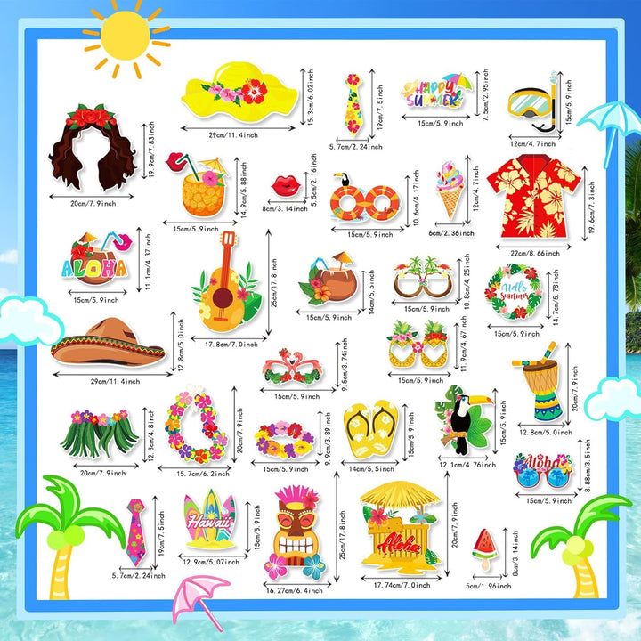 Hawaii Fotobox Accessoires 30 Stück mit Aufblasbarem Fotorahmen 75 x 65cm, Sommer Foto Requisiten, P