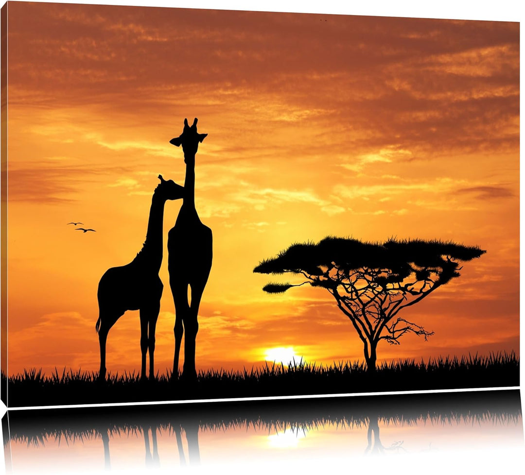 Giraffen im Sonnenuntergang Format: 100x70 auf Leinwand, XXL riesige Bilder fertig gerahmt mit Keilr