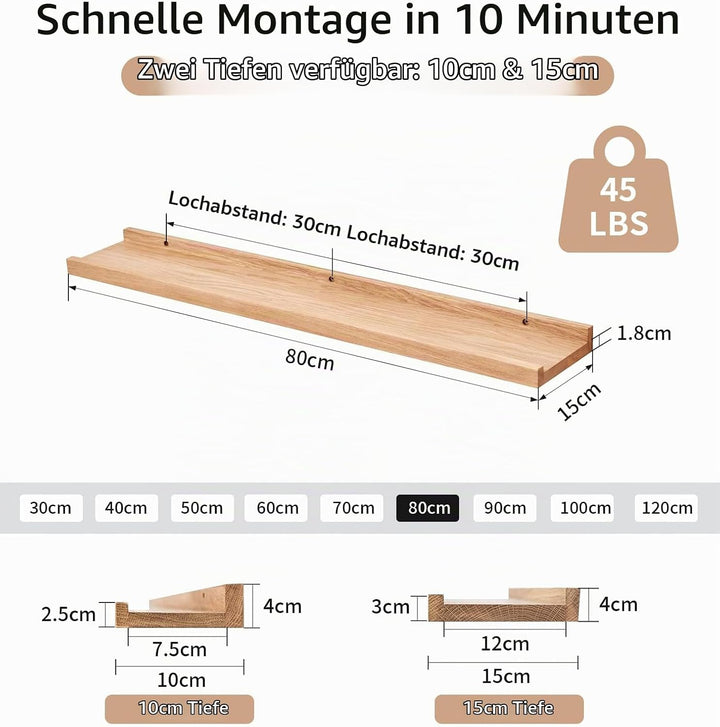 Bilderleiste Holz,80cm Eiche Wandregal Holz Regal Massiv Schweberegal gewürzregal regalbrett Hängere