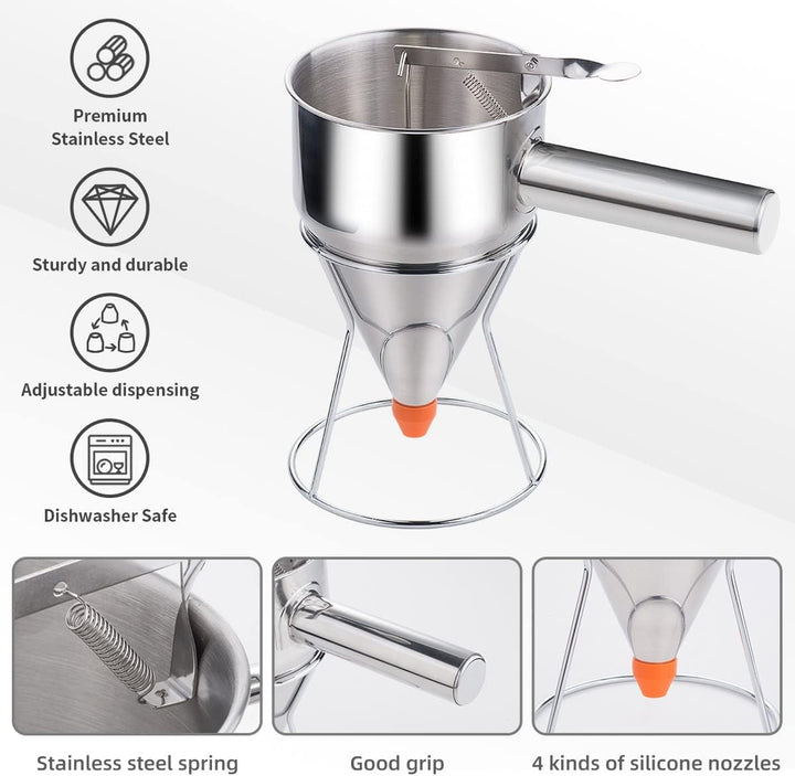 Pancake Dough Dispenser, Stainless Steel Funnel Cake Dispenser with 4 Silicone Nozzles, Perfect for