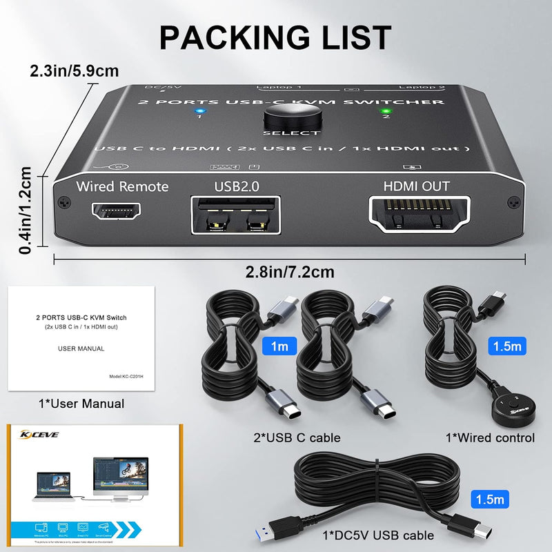 USB C KVM Switch 4K@60 Hz, USB C Switch für 2 Laptops 1 HDMI Monitor und USB Geräte, kompatibel mit