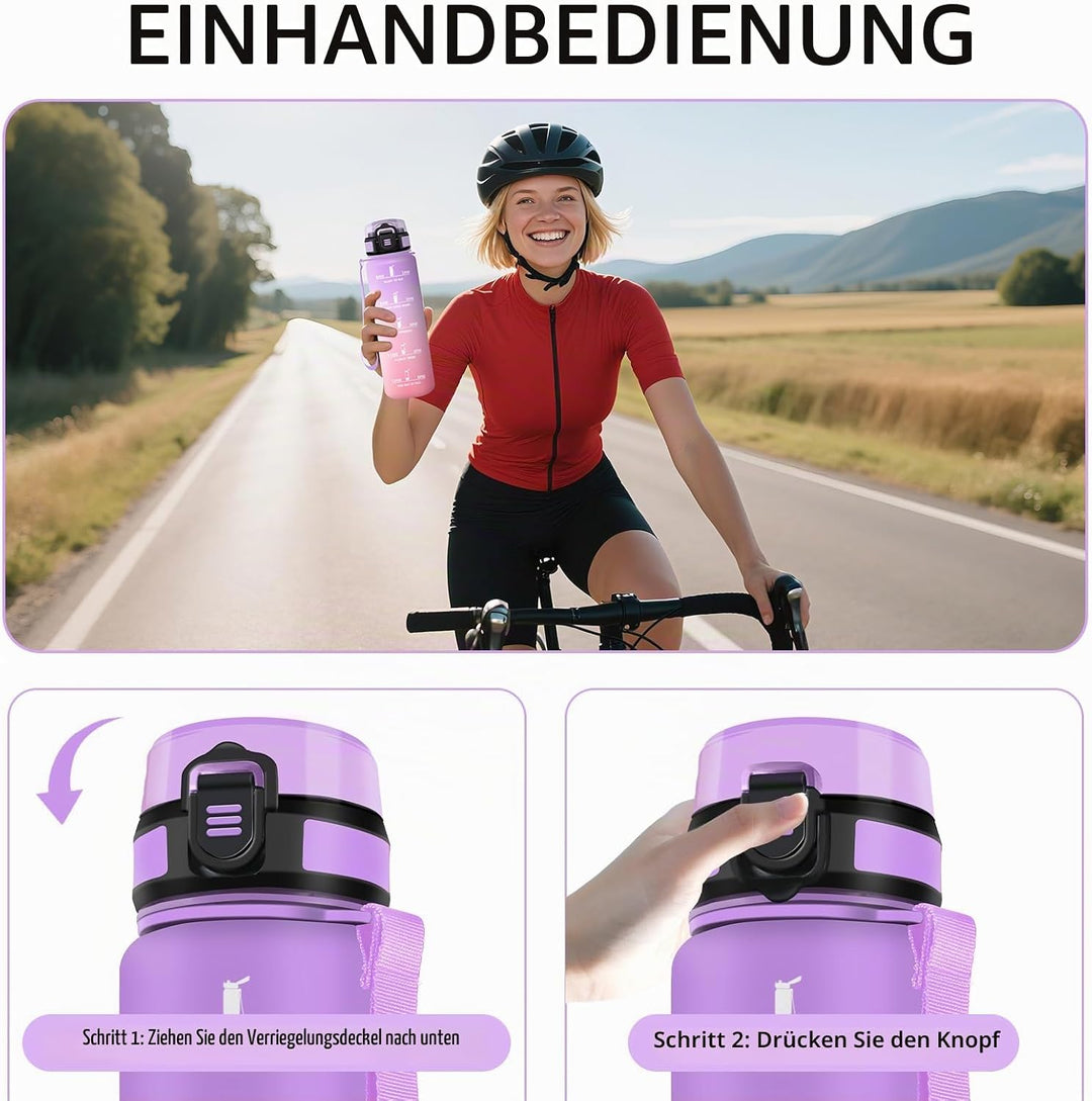 HoneyHolly Trinkflasche 1L mit Strohhalm, Trinkflasche Kohlensäure Geeignet, Wasserflasche Sport mit