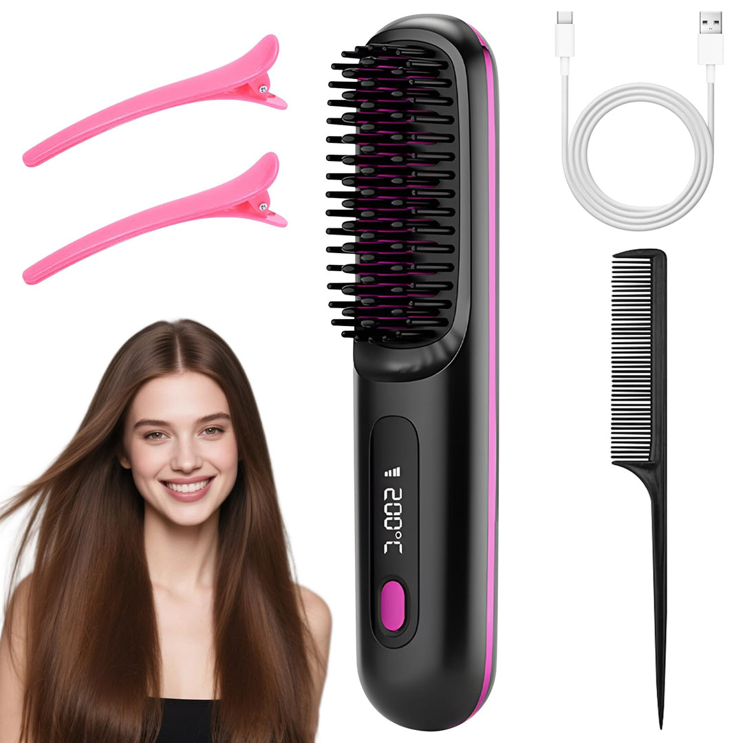 2026 Stylingbürste für kurze Haare Kabellos, LCD Display Glättungsbürste mit 3 Temp-Stufen (160-200°