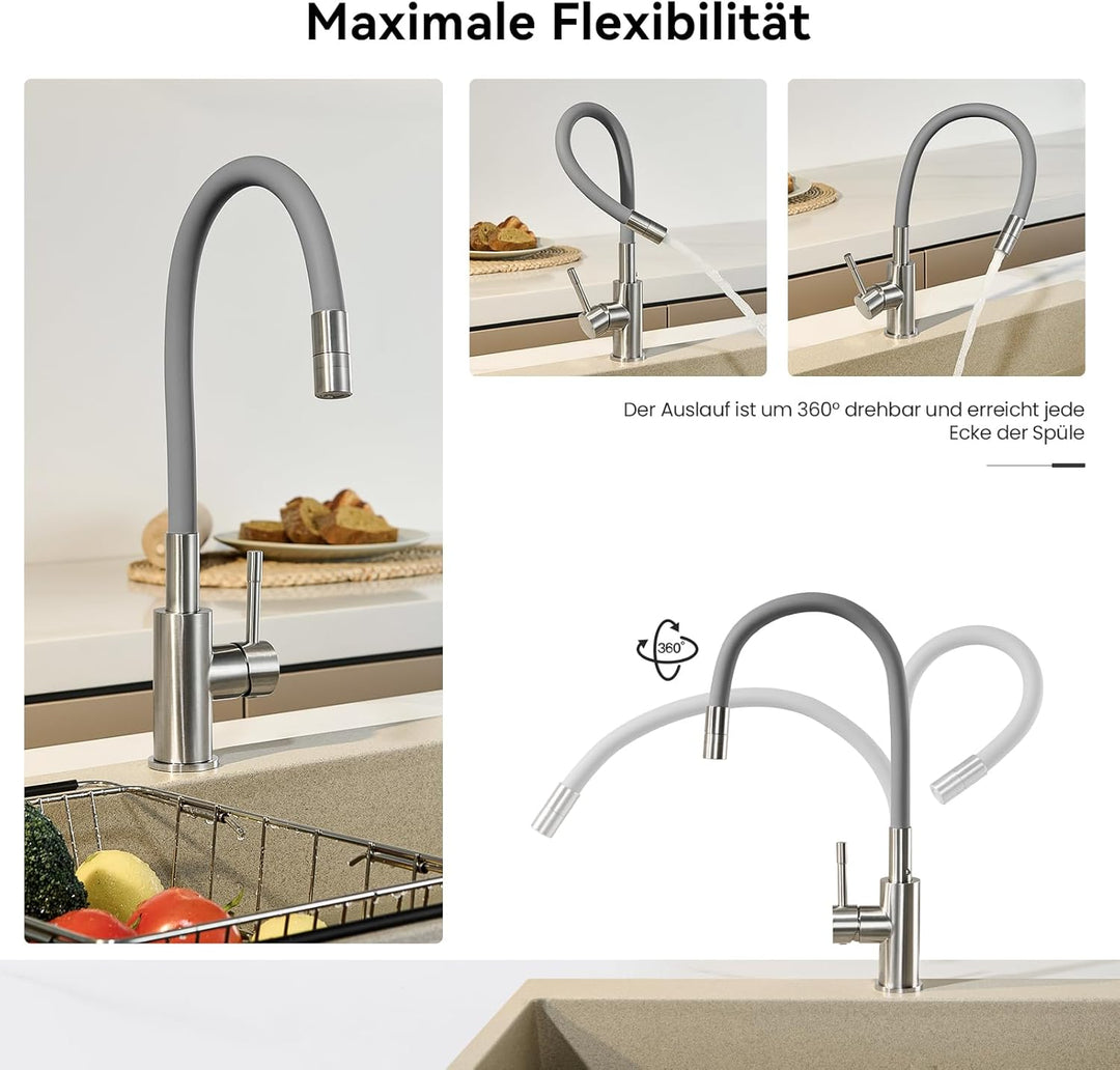 CECIPA Flexibler Küchenarmatur Grau, Wasserhahn Küche mit 2 Strahlarten, Mischbatterie Küche, Spülti