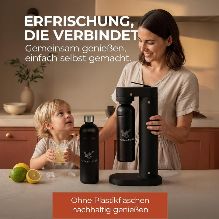 Infinity-S Wassersprudler aus hochwertigem Edelstahl (Black/Black) – inkl. 2x 1,25L Edelstahlflasche