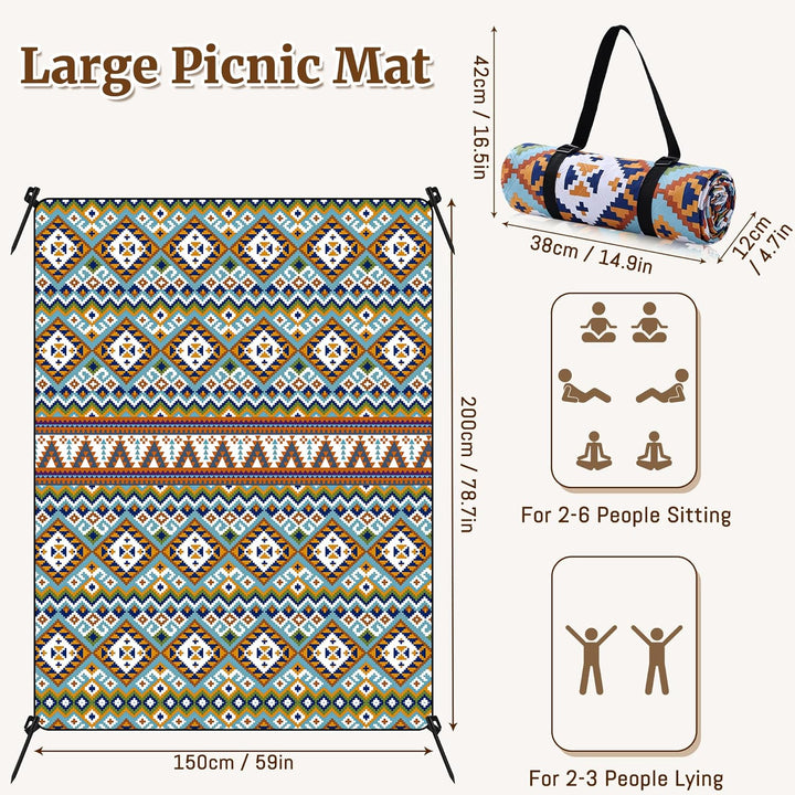 Gucass Boho Picknickdecke 150x200cm, Wasserdicht Stranddecke Sandfrei Strandmatte mit Tragegurt & 4X