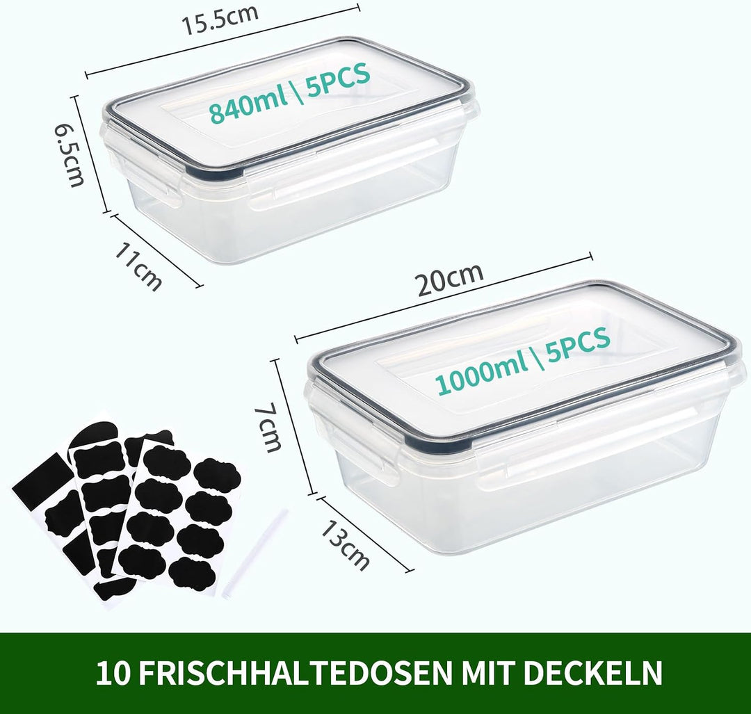 10 Frischhaltedosen mit Deckel (5x1L + 5x520ml), Gefrierdosen &amp; Meal Prep Boxen, BPA-frei, luftdicht